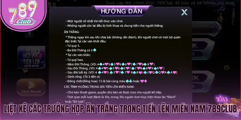 Liệt kê các trường hợp ăn trắng trong tiến lên miền nam 789Club